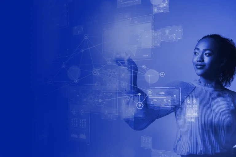 woman in front of virtual screen