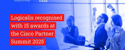 Image of people celebrating with title Logicalis recognised with 15 awards at the Cisco Partner Summit 2025